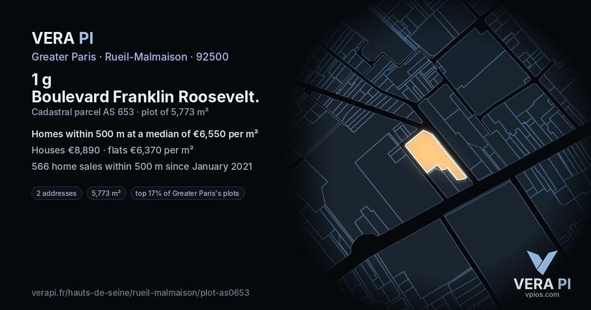1 g Boulevard Franklin Roosevelt, Rueil-Malmaison at night – the plot lit, the parcels around coloured by the prices near them