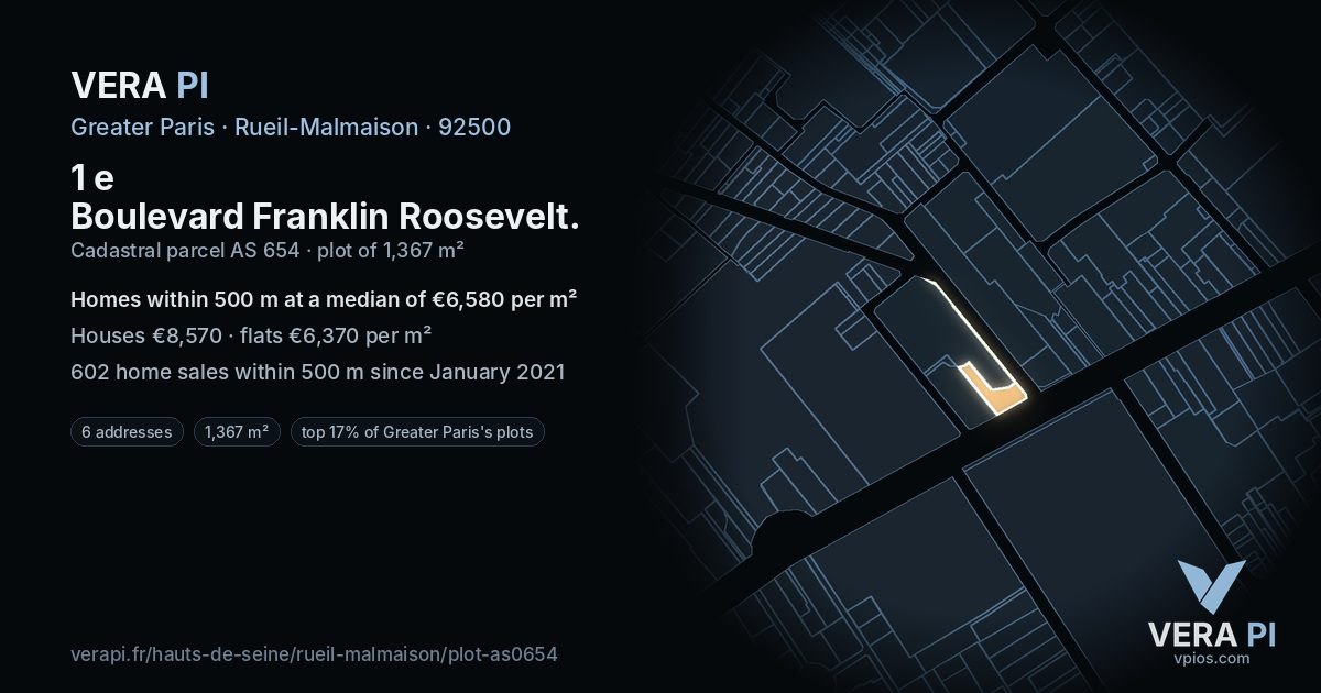 1 e Boulevard Franklin Roosevelt, Rueil-Malmaison at night – the plot lit, the parcels around coloured by the prices near them