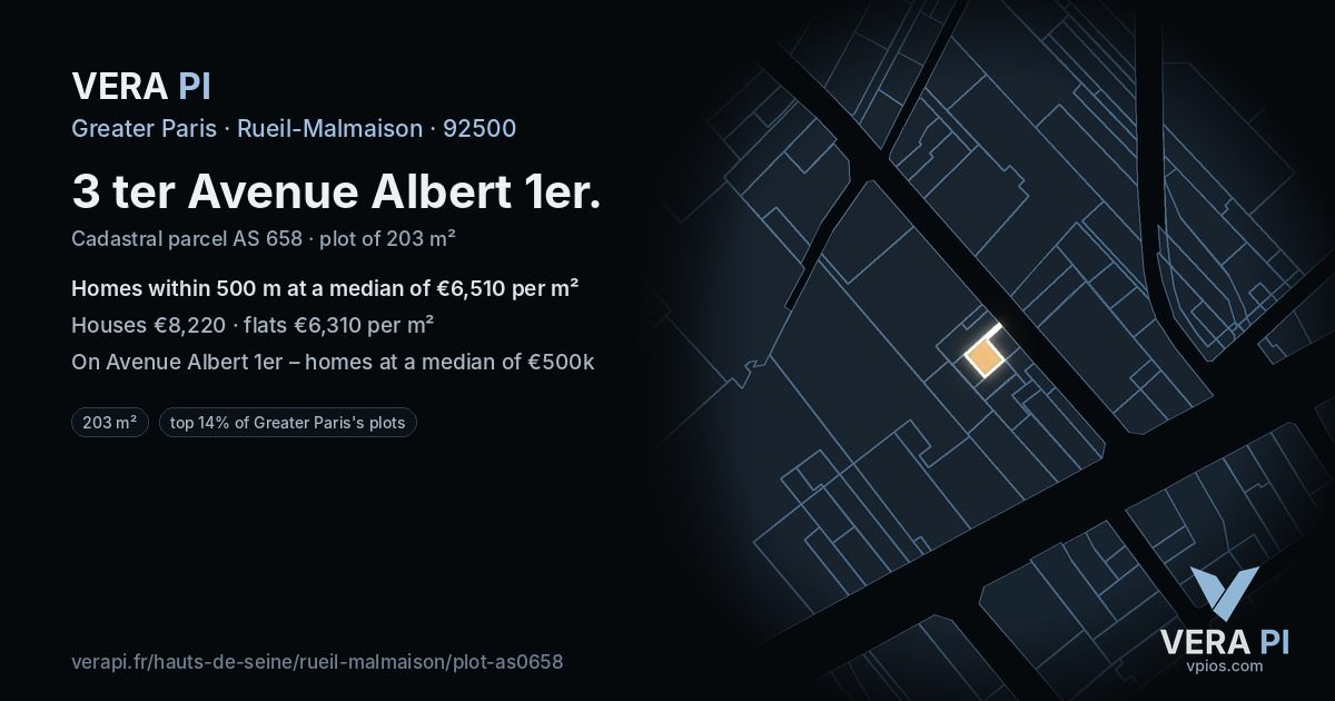 3 ter Avenue Albert 1er, Rueil-Malmaison at night – the plot lit, the parcels around coloured by the prices near them