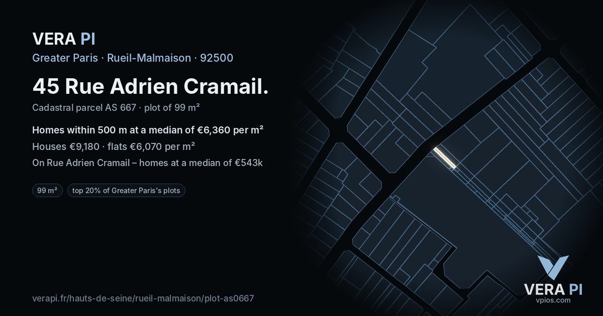 45 Rue Adrien Cramail, Rueil-Malmaison at night – the plot lit, the parcels around coloured by the prices near them