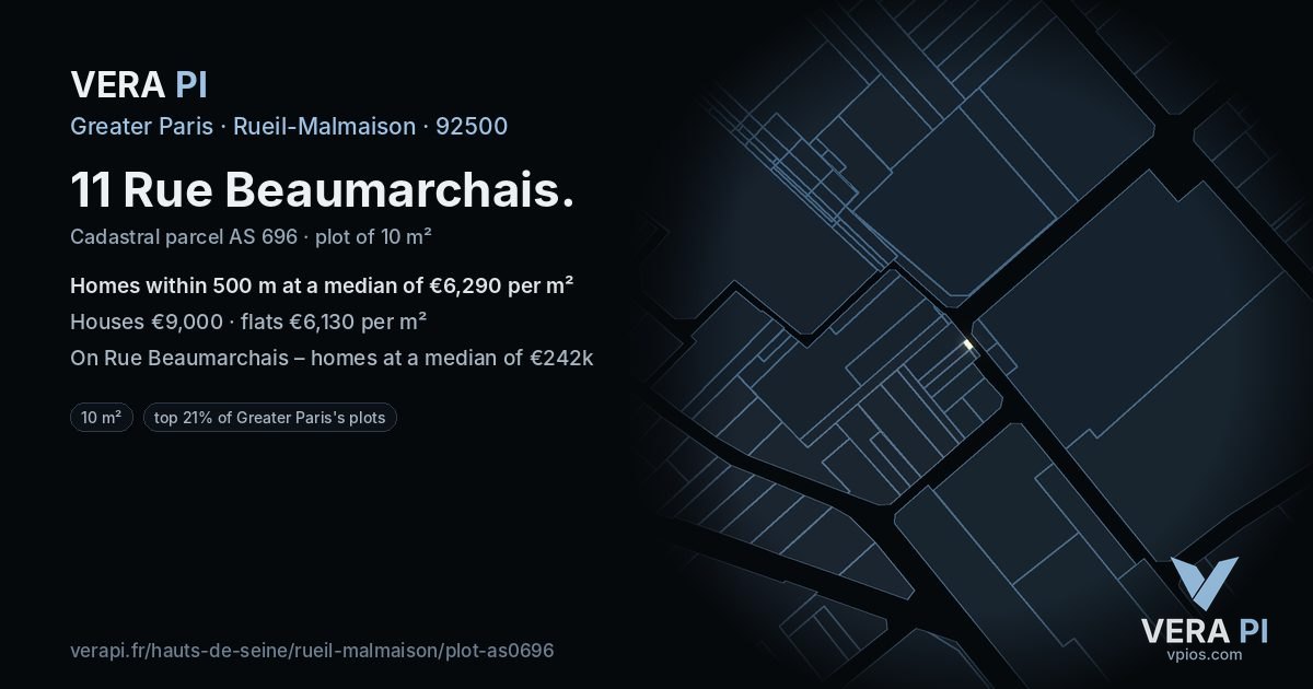 11 Rue Beaumarchais, Rueil-Malmaison at night – the plot lit, the parcels around coloured by the prices near them