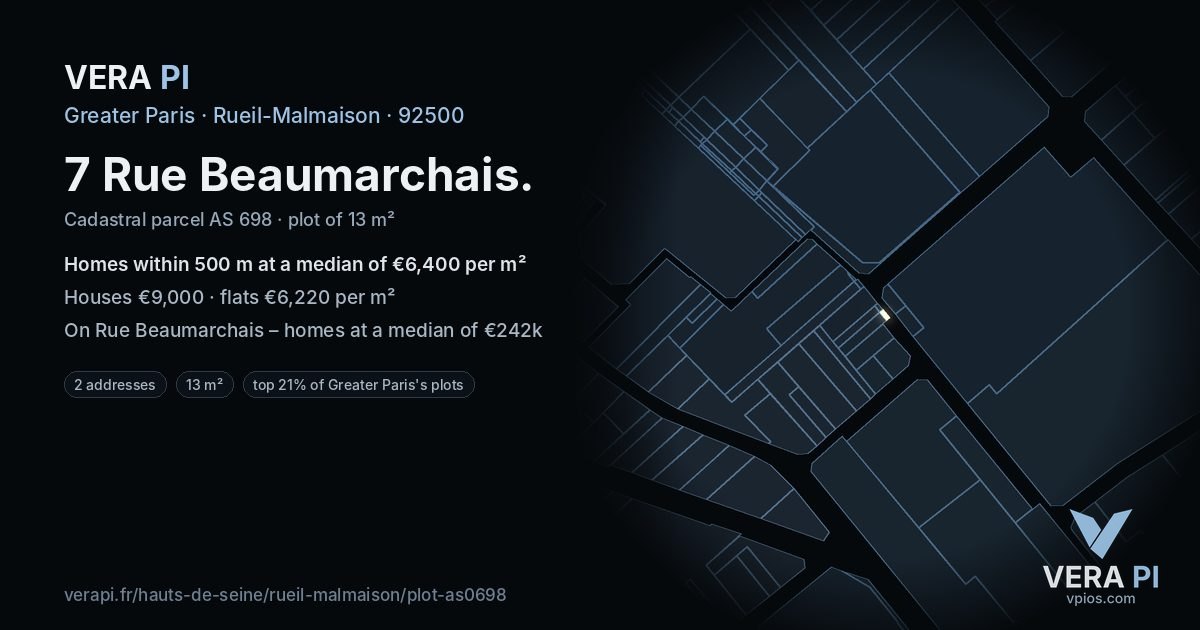 7 Rue Beaumarchais, Rueil-Malmaison at night – the plot lit, the parcels around coloured by the prices near them