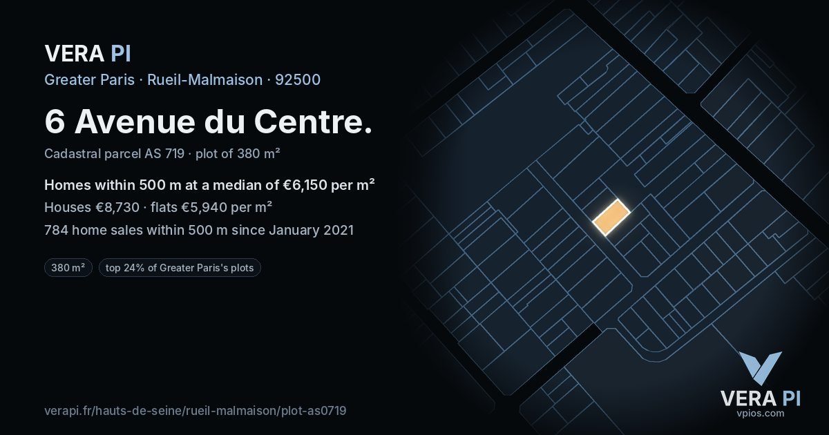 6 Avenue du Centre, Rueil-Malmaison at night – the plot lit, the parcels around coloured by the prices near them