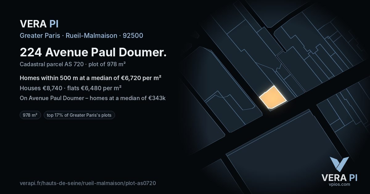 224 Avenue Paul Doumer, Rueil-Malmaison at night – the plot lit, the parcels around coloured by the prices near them