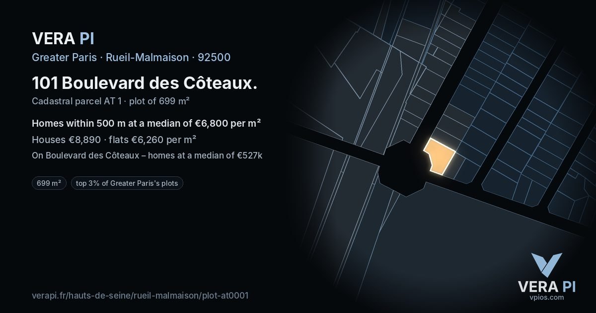 101 Boulevard des Côteaux, Rueil-Malmaison at night – the plot lit, the parcels around coloured by the prices near them