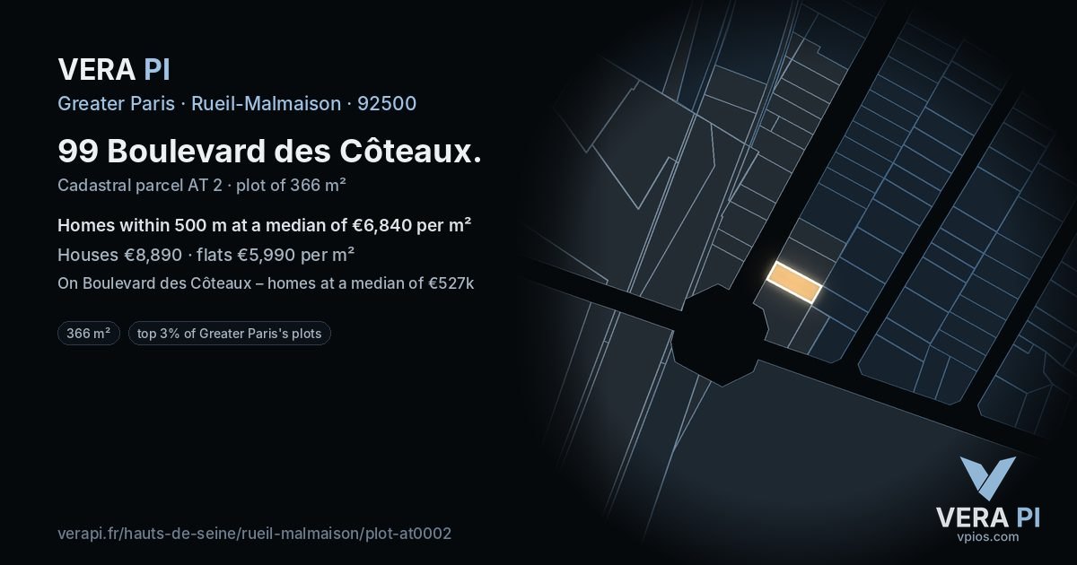 99 Boulevard des Côteaux, Rueil-Malmaison at night – the plot lit, the parcels around coloured by the prices near them