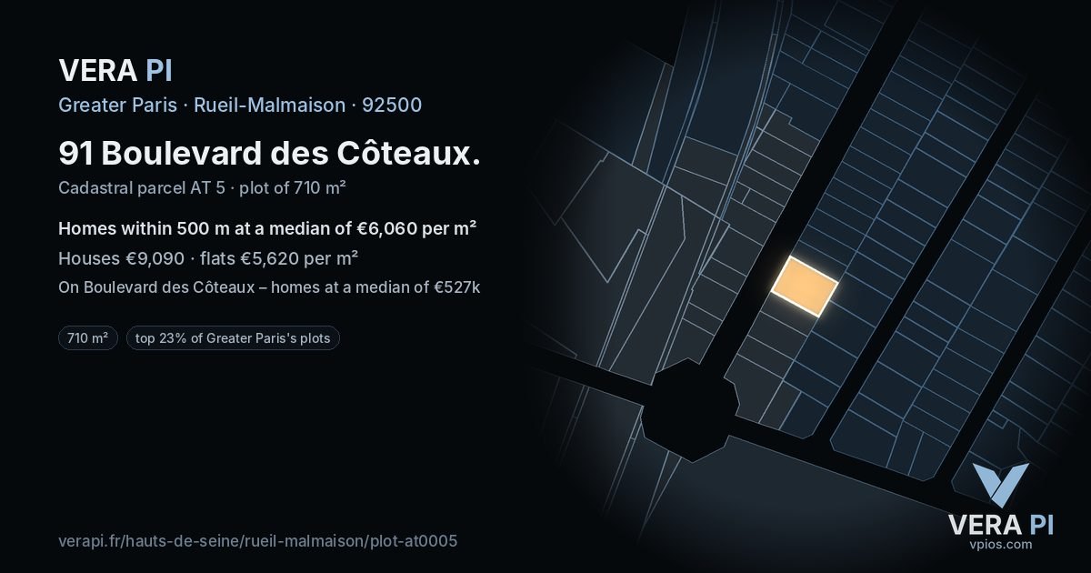 91 Boulevard des Côteaux, Rueil-Malmaison at night – the plot lit, the parcels around coloured by the prices near them
