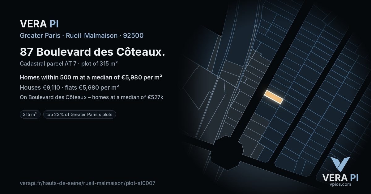 87 Boulevard des Côteaux, Rueil-Malmaison at night – the plot lit, the parcels around coloured by the prices near them