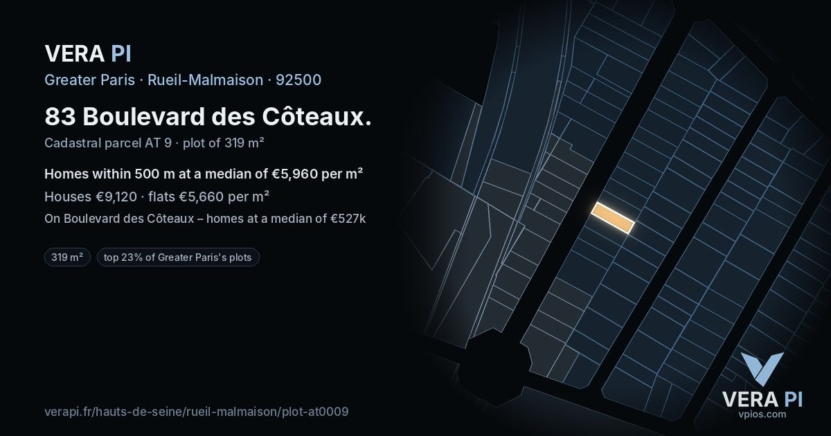 83 Boulevard des Côteaux, Rueil-Malmaison at night – the plot lit, the parcels around coloured by the prices near them
