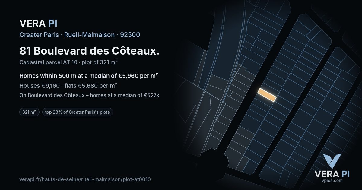 81 Boulevard des Côteaux, Rueil-Malmaison at night – the plot lit, the parcels around coloured by the prices near them