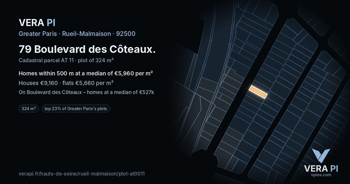 79 Boulevard des Côteaux, Rueil-Malmaison at night – the plot lit, the parcels around coloured by the prices near them