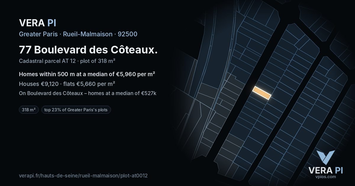 77 Boulevard des Côteaux, Rueil-Malmaison at night – the plot lit, the parcels around coloured by the prices near them