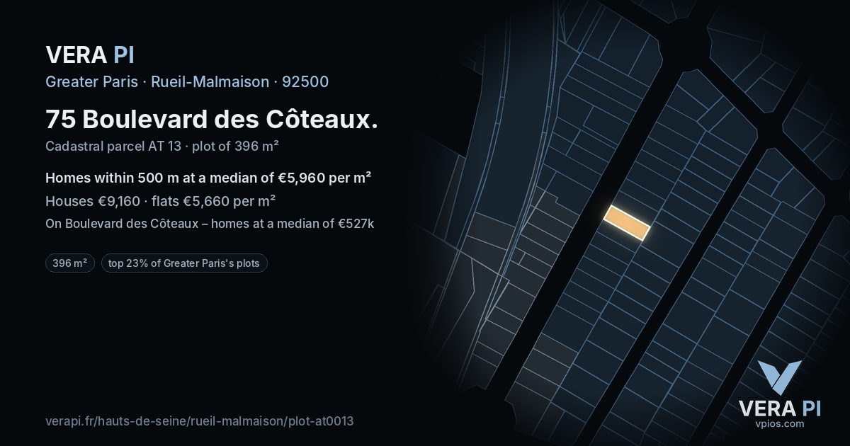 75 Boulevard des Côteaux, Rueil-Malmaison at night – the plot lit, the parcels around coloured by the prices near them