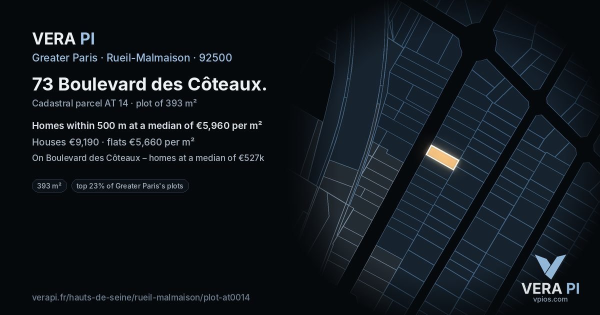 73 Boulevard des Côteaux, Rueil-Malmaison at night – the plot lit, the parcels around coloured by the prices near them