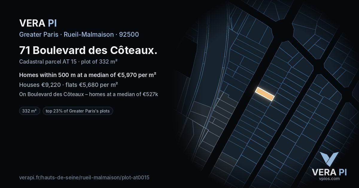 71 Boulevard des Côteaux, Rueil-Malmaison at night – the plot lit, the parcels around coloured by the prices near them