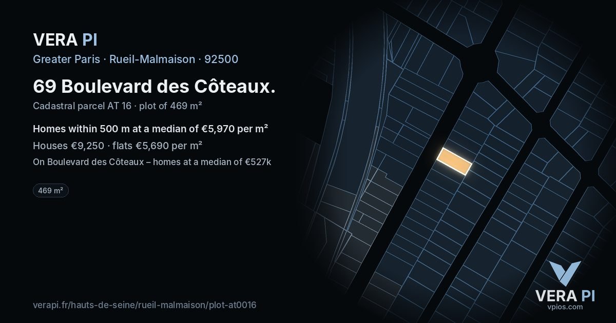 69 Boulevard des Côteaux, Rueil-Malmaison at night – the plot lit, the parcels around coloured by the prices near them