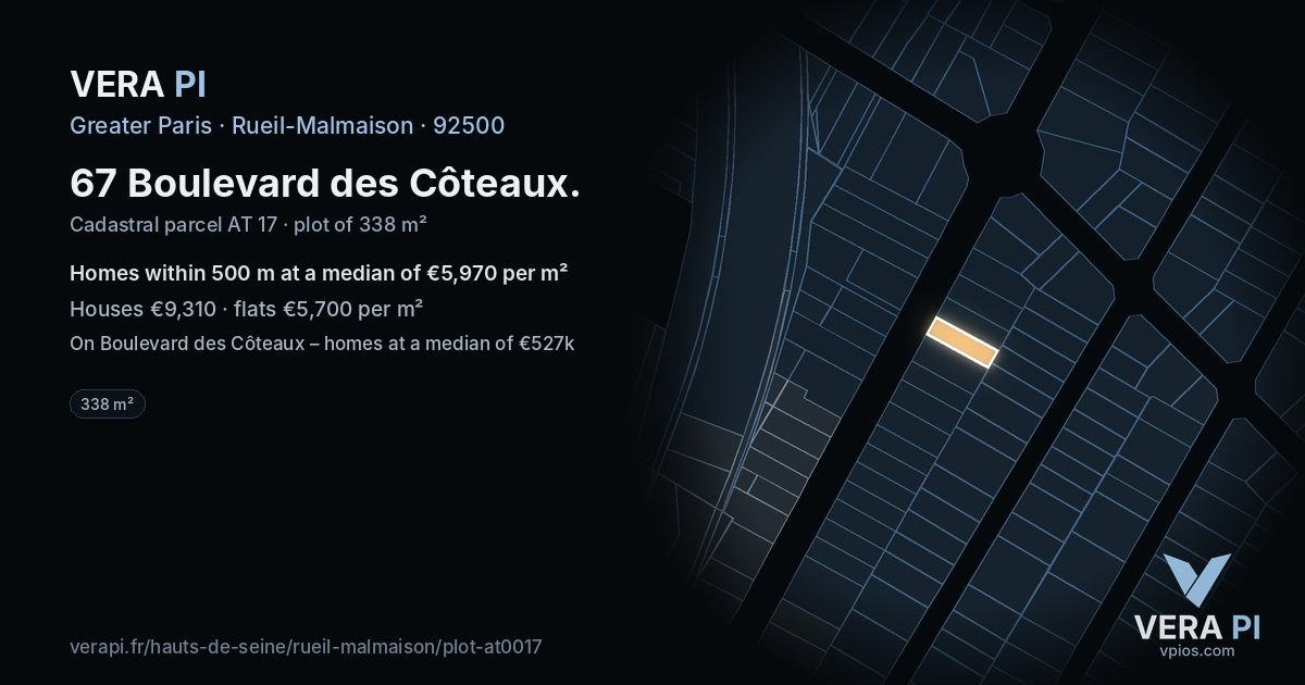 67 Boulevard des Côteaux, Rueil-Malmaison at night – the plot lit, the parcels around coloured by the prices near them
