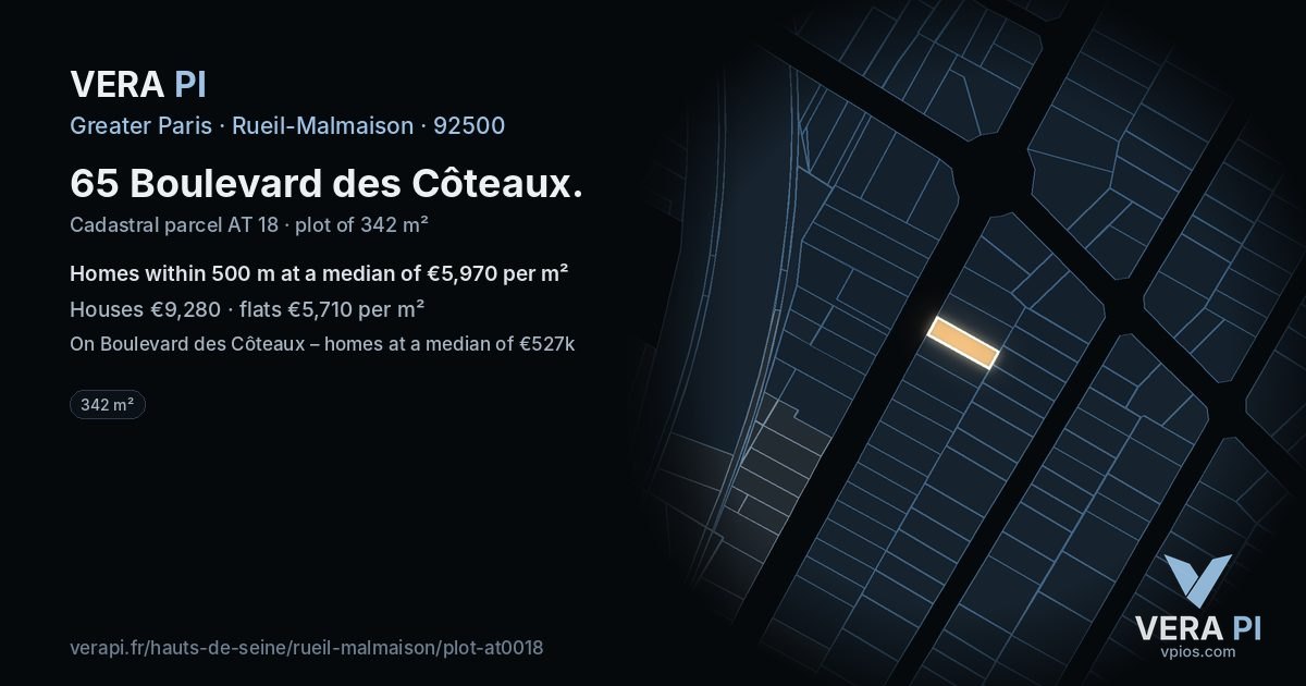65 Boulevard des Côteaux, Rueil-Malmaison at night – the plot lit, the parcels around coloured by the prices near them