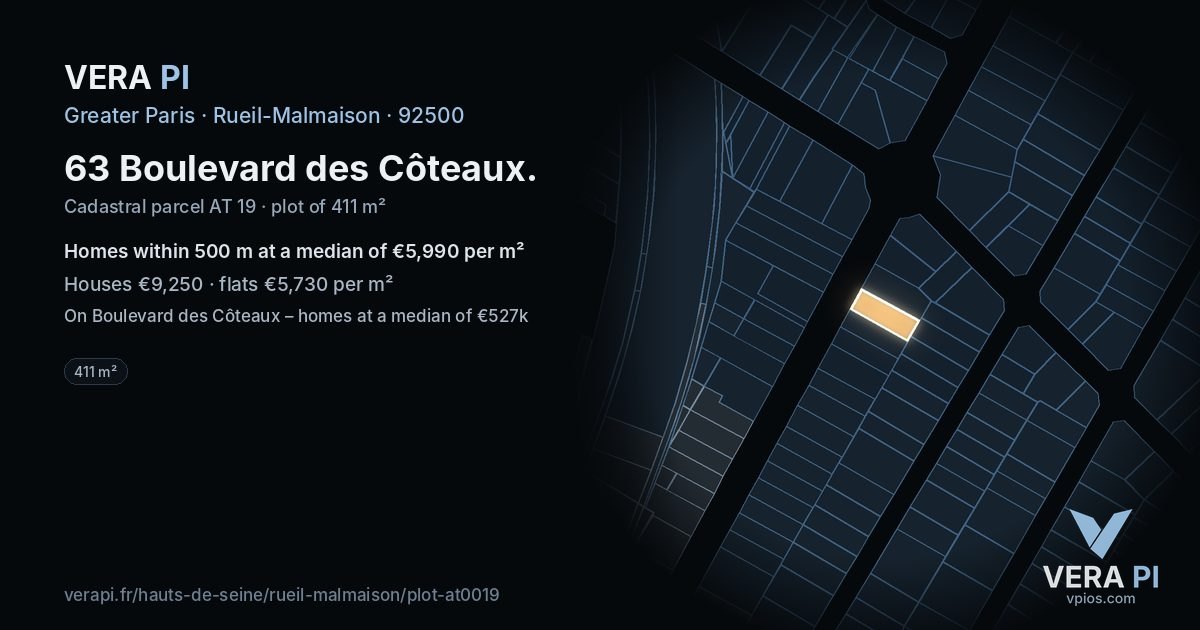 63 Boulevard des Côteaux, Rueil-Malmaison at night – the plot lit, the parcels around coloured by the prices near them