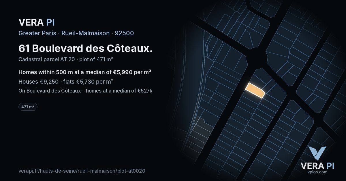 61 Boulevard des Côteaux, Rueil-Malmaison at night – the plot lit, the parcels around coloured by the prices near them