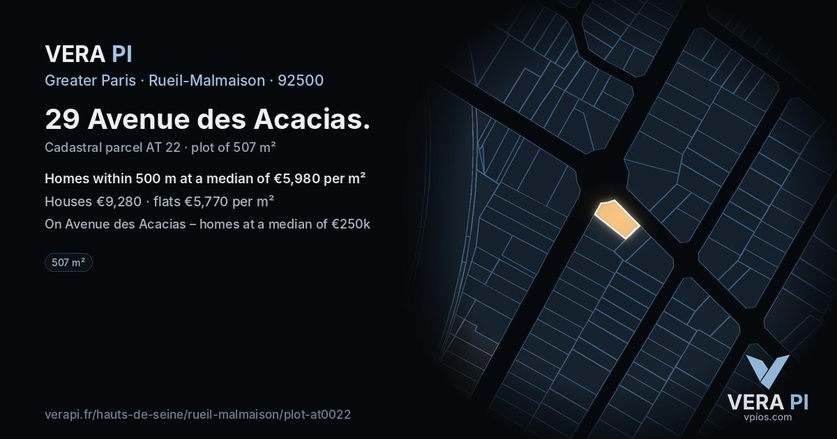 29 Avenue des Acacias, Rueil-Malmaison at night – the plot lit, the parcels around coloured by the prices near them