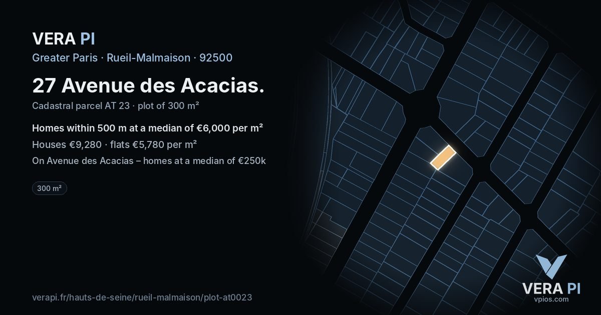 27 Avenue des Acacias, Rueil-Malmaison at night – the plot lit, the parcels around coloured by the prices near them