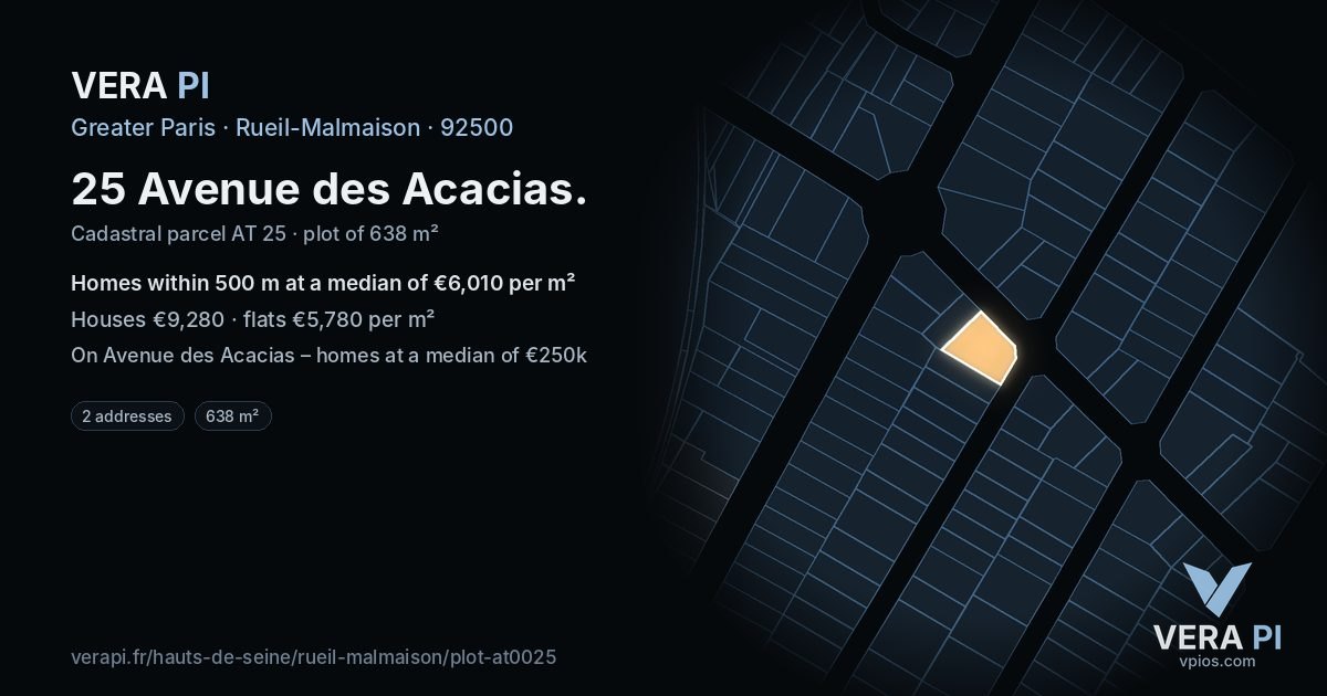 25 Avenue des Acacias, Rueil-Malmaison at night – the plot lit, the parcels around coloured by the prices near them