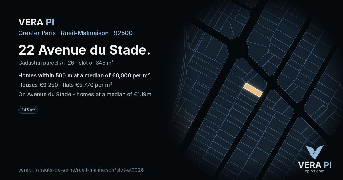 22 Avenue du Stade, Rueil-Malmaison at night – the plot lit, the parcels around coloured by the prices near them