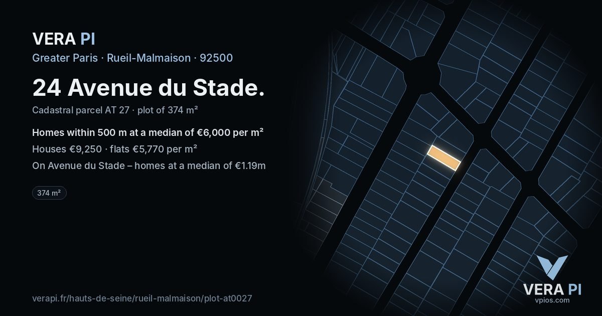 24 Avenue du Stade, Rueil-Malmaison at night – the plot lit, the parcels around coloured by the prices near them