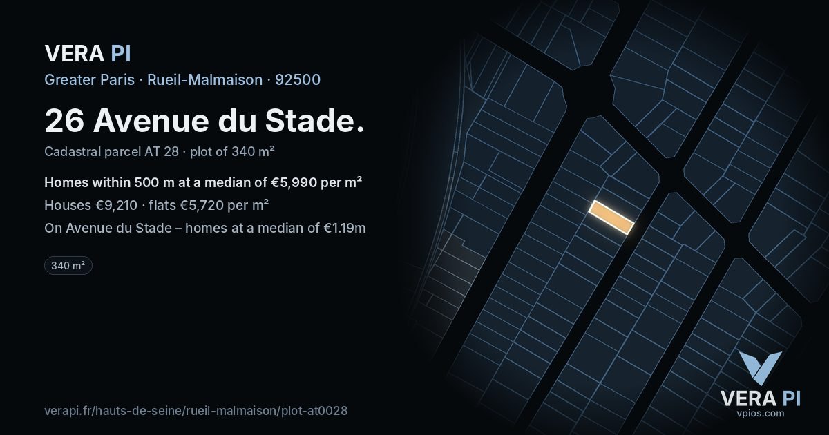 26 Avenue du Stade, Rueil-Malmaison at night – the plot lit, the parcels around coloured by the prices near them