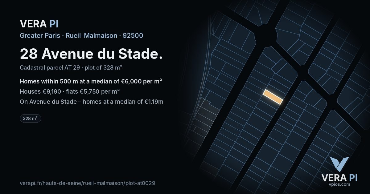 28 Avenue du Stade, Rueil-Malmaison at night – the plot lit, the parcels around coloured by the prices near them