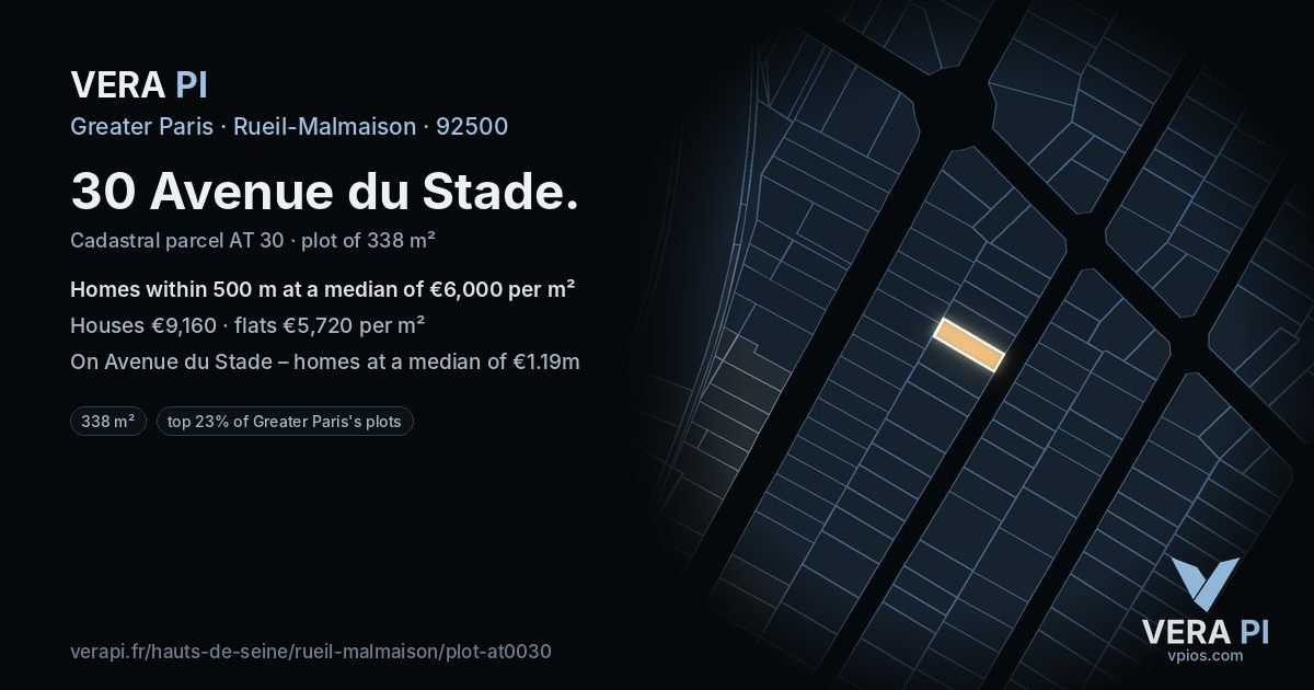 30 Avenue du Stade, Rueil-Malmaison at night – the plot lit, the parcels around coloured by the prices near them