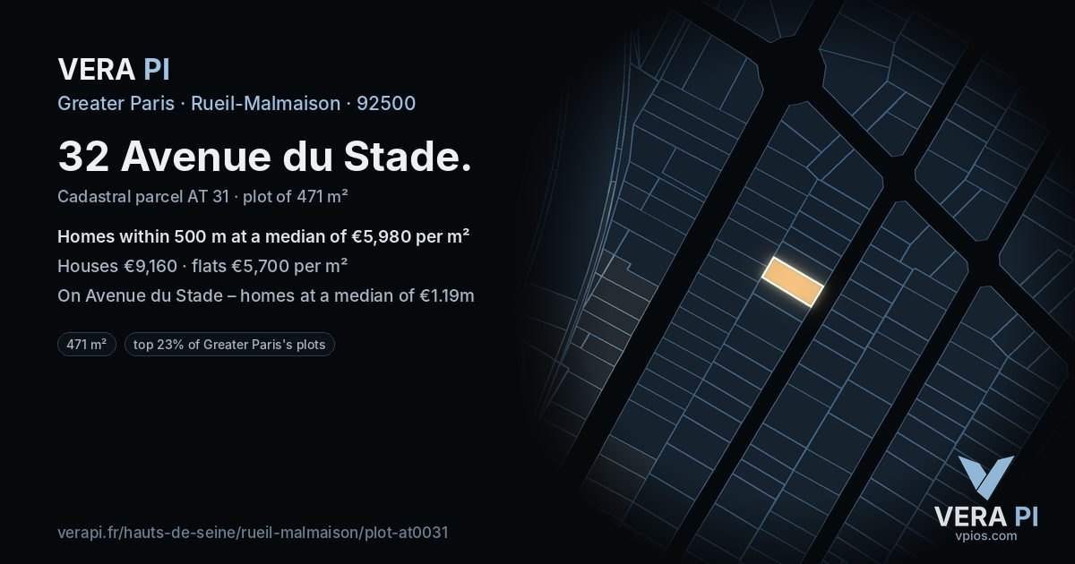 32 Avenue du Stade, Rueil-Malmaison at night – the plot lit, the parcels around coloured by the prices near them