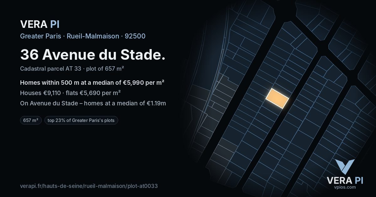 36 Avenue du Stade, Rueil-Malmaison at night – the plot lit, the parcels around coloured by the prices near them