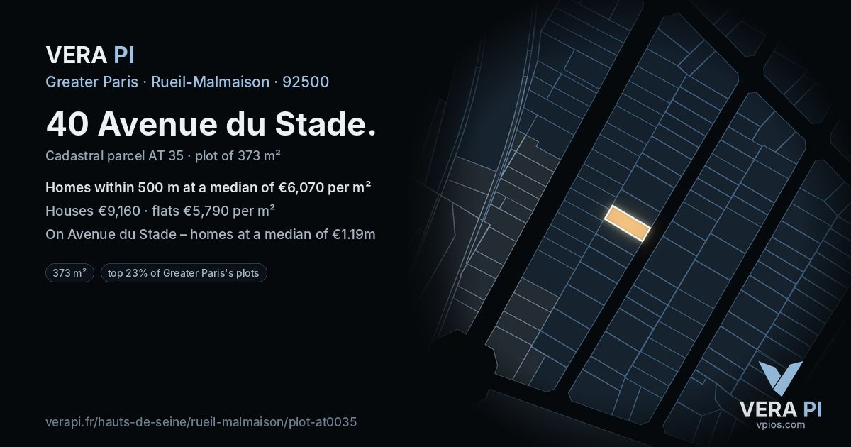40 Avenue du Stade, Rueil-Malmaison at night – the plot lit, the parcels around coloured by the prices near them