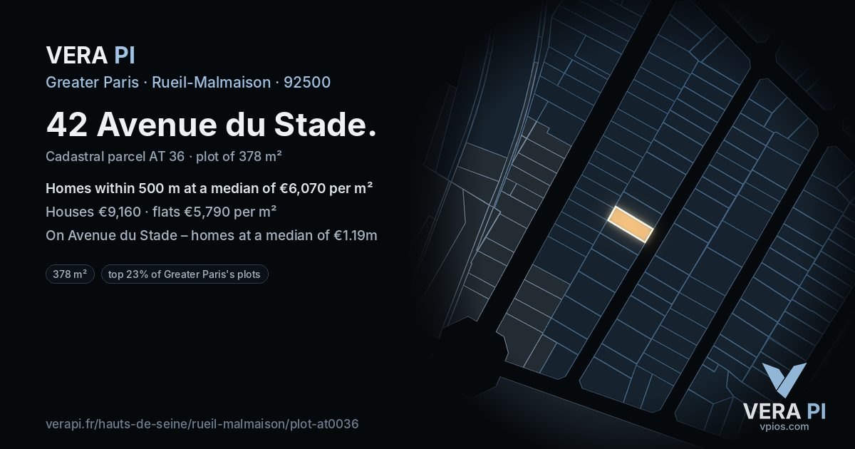42 Avenue du Stade, Rueil-Malmaison at night – the plot lit, the parcels around coloured by the prices near them