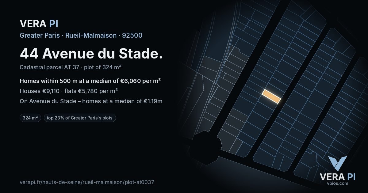 44 Avenue du Stade, Rueil-Malmaison at night – the plot lit, the parcels around coloured by the prices near them