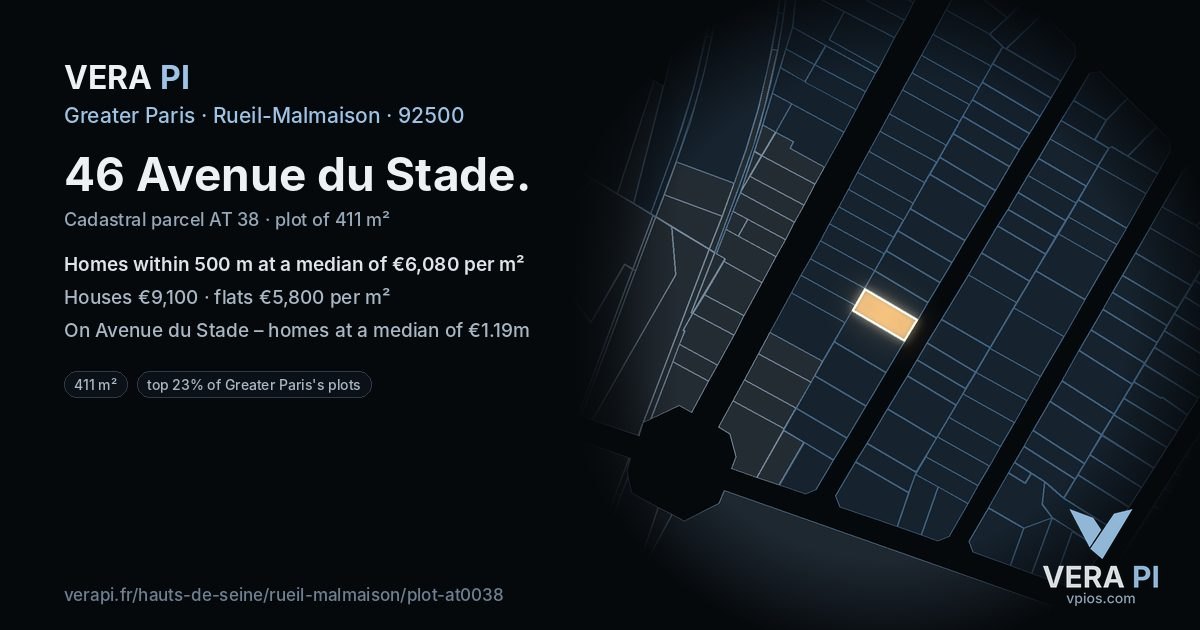 46 Avenue du Stade, Rueil-Malmaison at night – the plot lit, the parcels around coloured by the prices near them