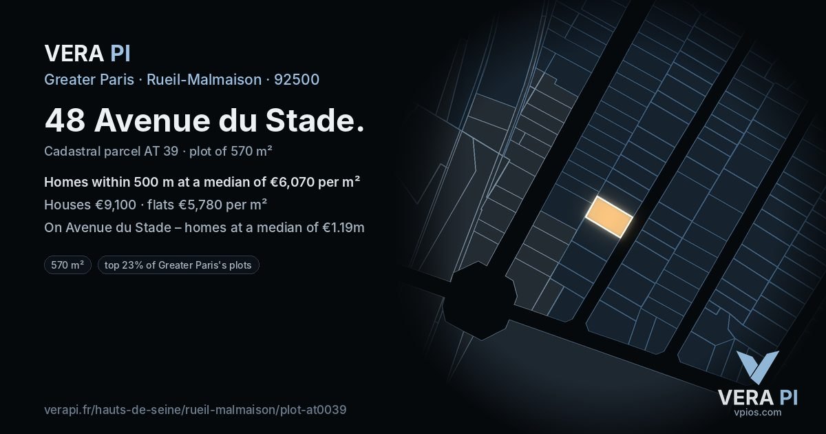 48 Avenue du Stade, Rueil-Malmaison at night – the plot lit, the parcels around coloured by the prices near them
