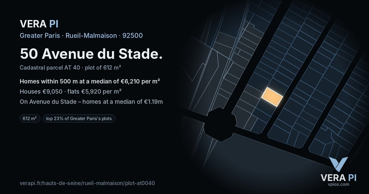 50 Avenue du Stade, Rueil-Malmaison at night – the plot lit, the parcels around coloured by the prices near them