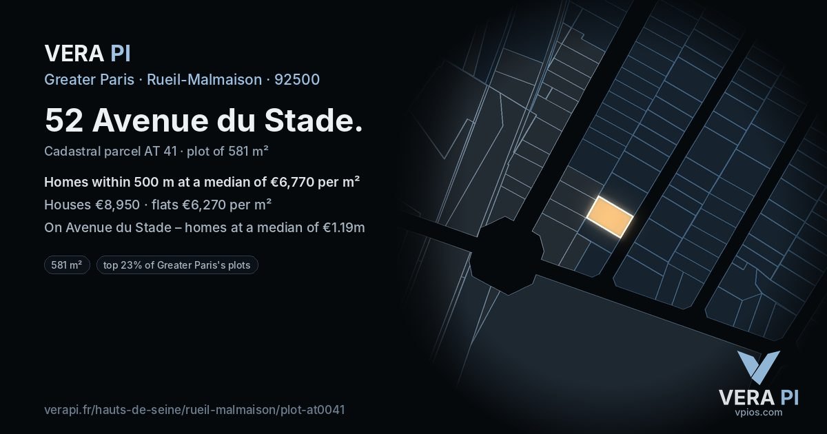 52 Avenue du Stade, Rueil-Malmaison at night – the plot lit, the parcels around coloured by the prices near them