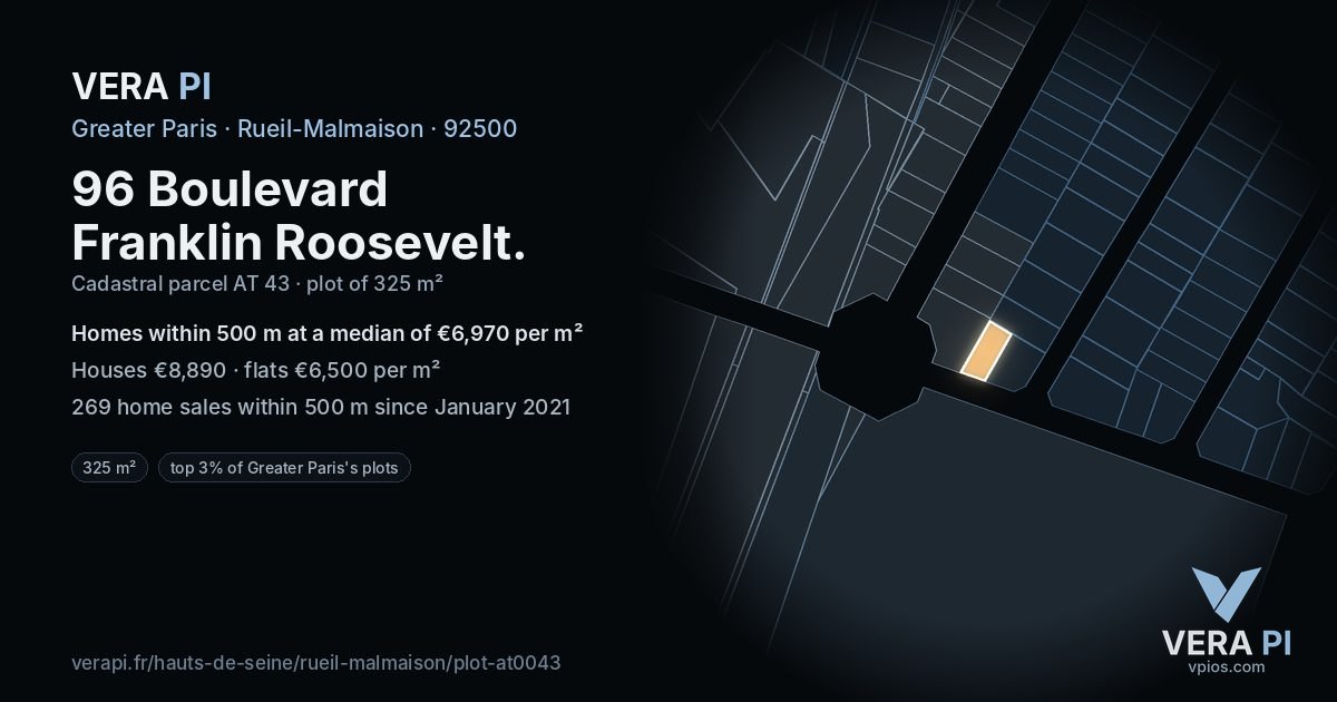 96 Boulevard Franklin Roosevelt, Rueil-Malmaison at night – the plot lit, the parcels around coloured by the prices near them