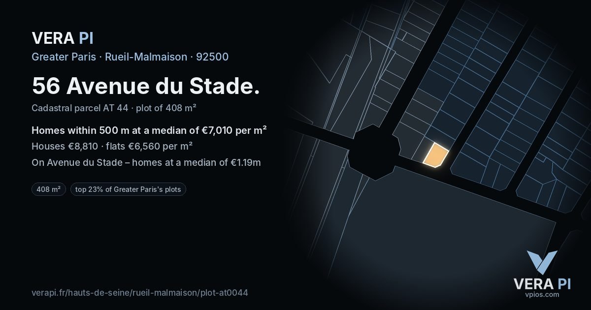 56 Avenue du Stade, Rueil-Malmaison at night – the plot lit, the parcels around coloured by the prices near them