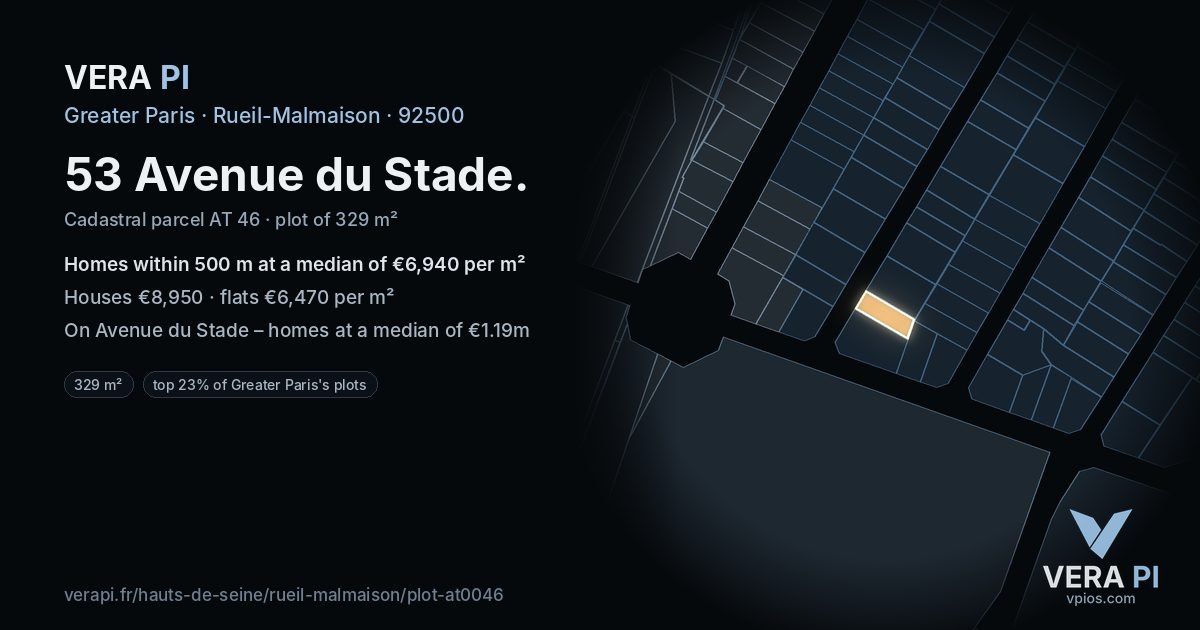 53 Avenue du Stade, Rueil-Malmaison at night – the plot lit, the parcels around coloured by the prices near them