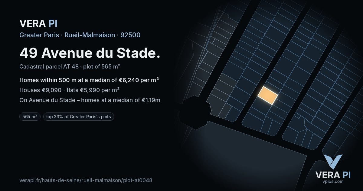 49 Avenue du Stade, Rueil-Malmaison at night – the plot lit, the parcels around coloured by the prices near them