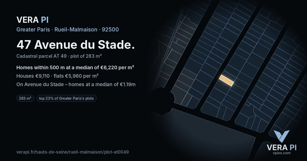47 Avenue du Stade, Rueil-Malmaison at night – the plot lit, the parcels around coloured by the prices near them