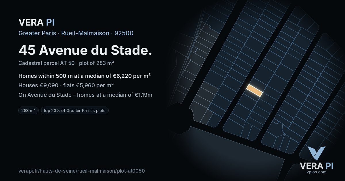 45 Avenue du Stade, Rueil-Malmaison at night – the plot lit, the parcels around coloured by the prices near them