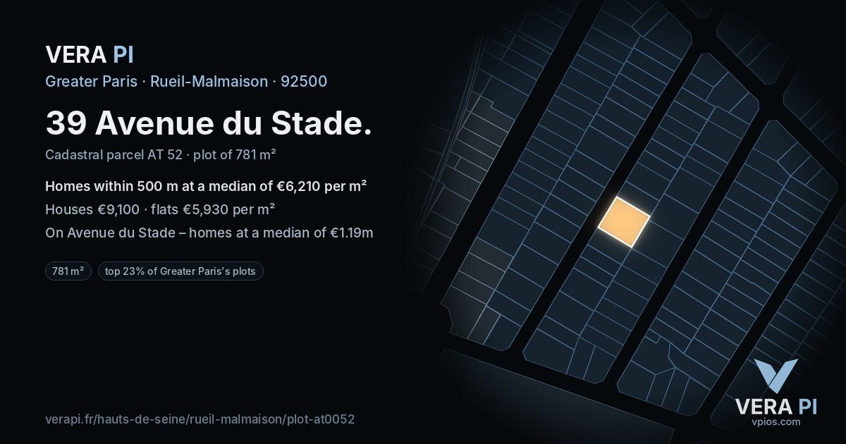 39 Avenue du Stade, Rueil-Malmaison at night – the plot lit, the parcels around coloured by the prices near them
