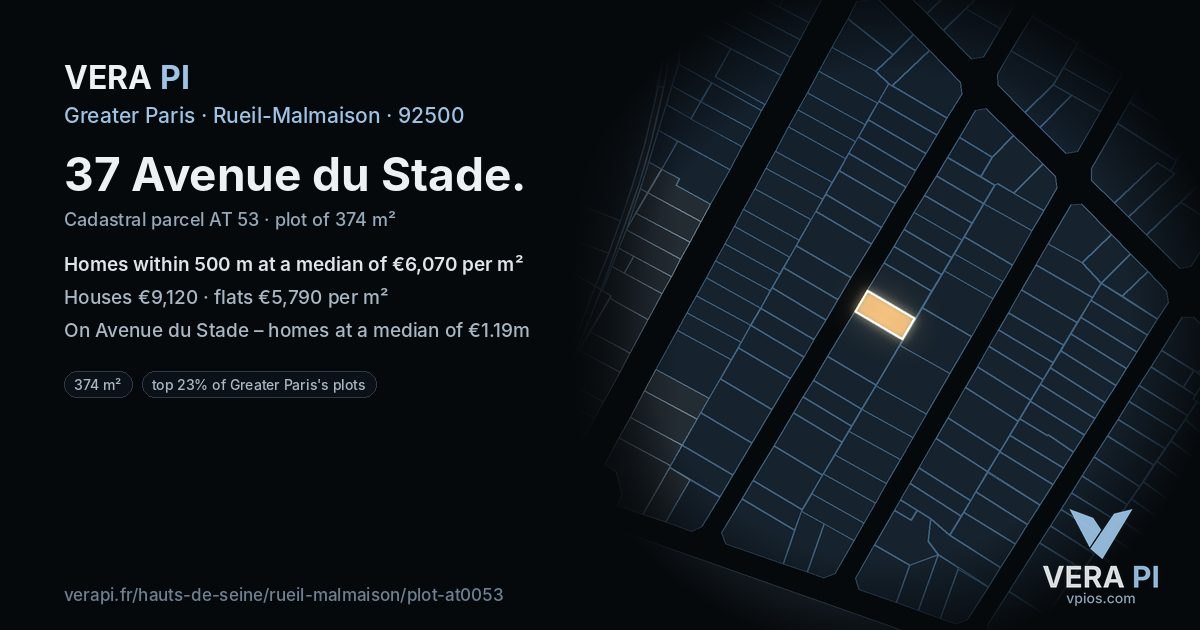 37 Avenue du Stade, Rueil-Malmaison at night – the plot lit, the parcels around coloured by the prices near them