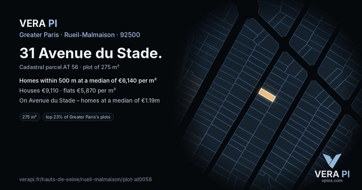 31 Avenue du Stade, Rueil-Malmaison at night – the plot lit, the parcels around coloured by the prices near them